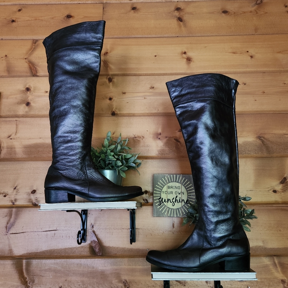 Ferraro Febo Metallic Pebbled Leather Over The Knee Block Heel Riding Boot Sz 39